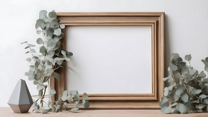 Wall Mural - Wooden frame in front of white background, Front view. Space for text