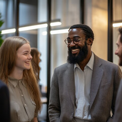 inclusive team of office colleagues beams with joy at a team-building workshop.