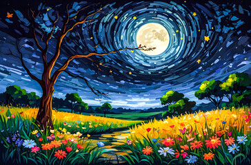 Wall Mural - savannah night with blooming wildflowers an oil painting of a vast, colorful savannah under a deep b