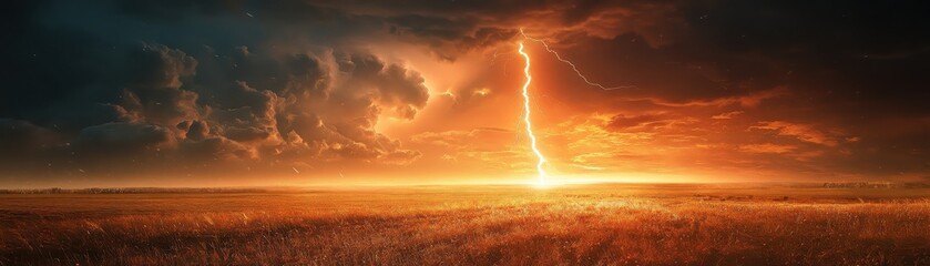 Sticker - Dramatic Lightning Strike in a Golden Field During a Stormy Sunset with Dark Clouds