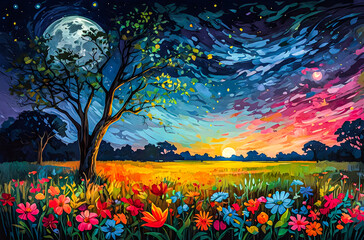 Wall Mural - savannah night with blooming wildflowers an oil painting of a vast, colorful savannah under a deep b