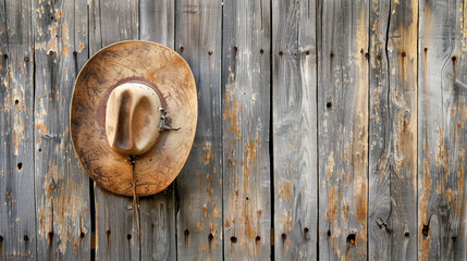 A cowboy hat hanging on an old wooden fence