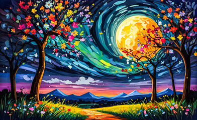 Wall Mural - savannah night with blooming wildflowers an oil painting of a vast, colorful savannah under a deep b