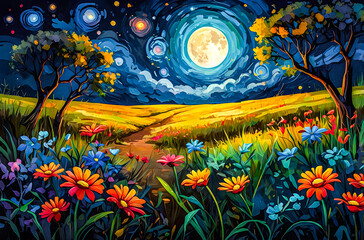Wall Mural - savannah night with blooming wildflowers an oil painting of a vast, colorful savannah under a deep b