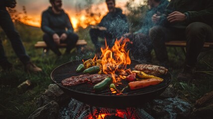 Friends laughing and grilling assorted vegetables and meats over a rustic fire pit, surrounded by nature, with smoke rising under a warm afternoon sky