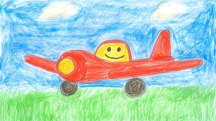 Red cartoon airplane smiling on green grass field