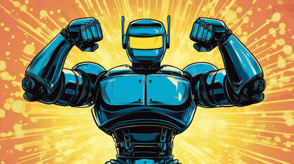 Wall Mural - a strong robot flexes its powerful arms, symbolizing the rise of artificial intelligence and its imp