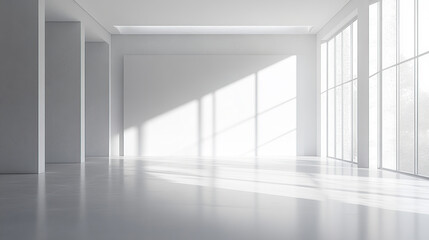  3D rendering of an empty white room with a minimalistic interior design