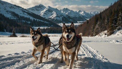 Wall Mural - dog sledding in winter mountains.
