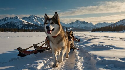 Wall Mural - dog sledding in winter mountains.