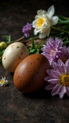 Wall Mural - Easter eggs and spring flowers displayed on a dark surface.