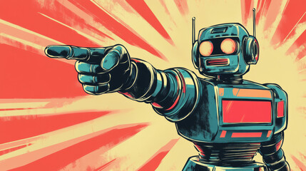Wall Mural - a retro-style illustration shows a robot pointing with its hand, promoting a sale. it's drawn in a c