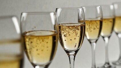 Elegant champagne glasses poised for a toast against white.