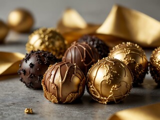 Elegant gold-wrapped chocolate truffles are arranged on a white background, adding a festive touch.