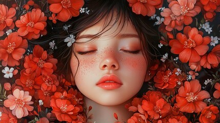 Wall Mural - Dreamy Portrait of a Woman Surrounded by Red Flowers