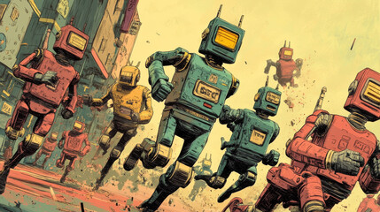 Wall Mural - a bunch of robots, looking like people, are racing in a marathon. they're drawn in a colorful, retro