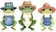 © Png - Video - Photo - Three playful frogs dressed in hats and overalls, smiling against a white isolated background.