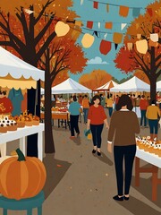 Wall Mural - Fall festival illustration with crafts and food stalls.