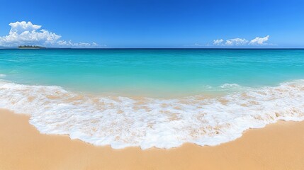 Tropical Paradise Tranquil Turquoise Ocean Waves Crashing on Golden Sandy Beach Under Blue Sky