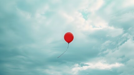 single red balloon floating into cloudy melancholic sky representing disheartened concept