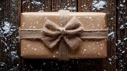 eco christmas gift box made from recycled materials, beautifully wrapped with a bow of natural fiber