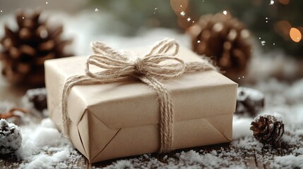 eco christmas gift box made from recycled materials, beautifully wrapped with a bow of natural fiber