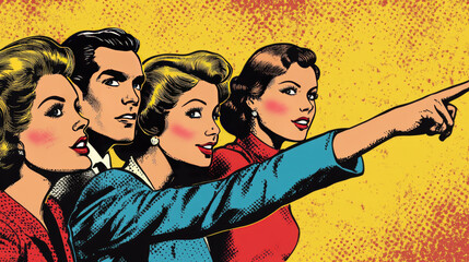 Wall Mural - this is a fun, retro-style illustration showing people pointing. it's perfect for advertising or ann