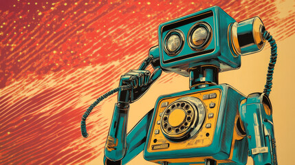 Wall Mural - a robot with a human-like appearance is talking on an old-fashioned rotary phone. it's a fun, retro-