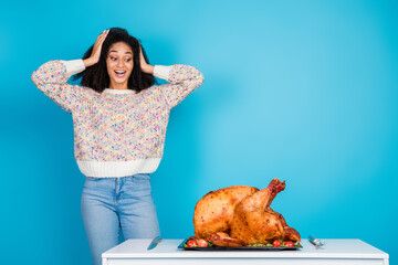 Sticker - Photo portrait of pretty young girl amazed look celebrate thanksgiving dinner turkey isolated on blue color background