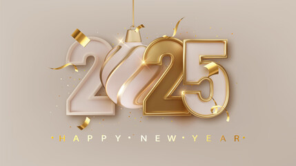 Wall Mural - happy new year 2025. festive design with realistic golden number and christmas decorations, balls, a
