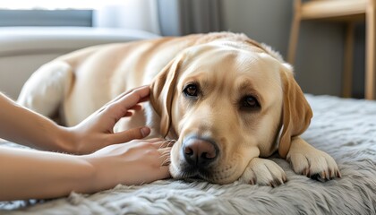 Wall Mural - Cozy moments of warmth and companionship with a Labrador Retriever resting on a soft bed, enjoying gentle affection from its owner