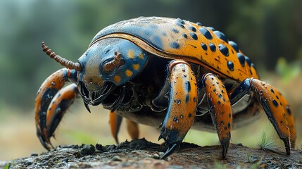 Poster - Close-Up of a Detailed, Imaginary Beetle with Sharp Claws and Horns