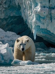 Wall Mural - glacier breaking apart as polar bears cling to shrinking ice, symbolizing climate change.