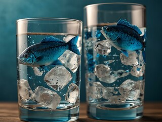 Glasses of water with blue fish swimming inside, ice cubes for a refreshing look.