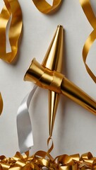 Gold party horn with metallic streamers on a white background.