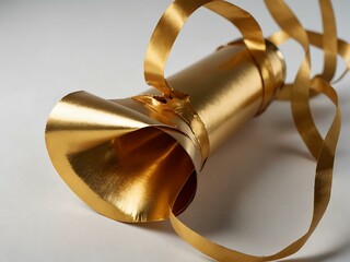 Gold party horn with metallic streamers on a white background.