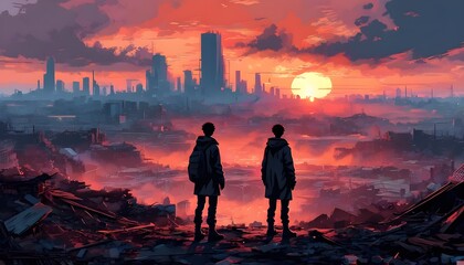 Survivor in a post-apocalyptic city gazes at a fiery sunset illuminating the desolate urban ruins