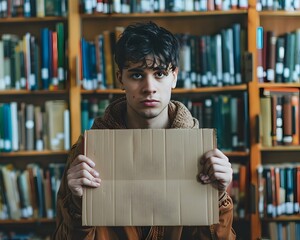 Student Holding Cardboard Sign With Deep Focus and Contemplation in Library