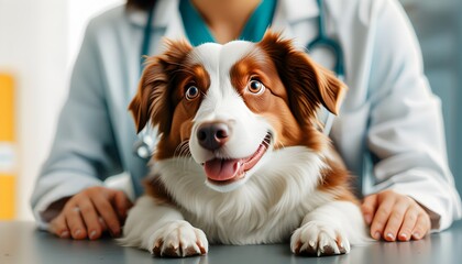 Wall Mural - Joyful veterinarian in white coat embraces happy small dog, showcasing the compassion of veterinary care and the special bond between animals and their caregivers