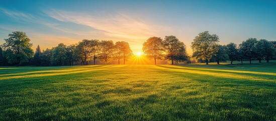 Wall Mural - Sunrise Over a Serene Green Field with Trees and Clear Sky in the Background