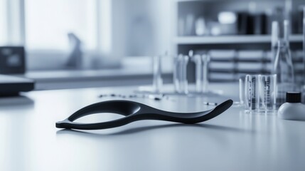 Aufkleber - A black, curved tool lays on a white surface in a laboratory setting. There are several other tools and glass containers in the blurred background