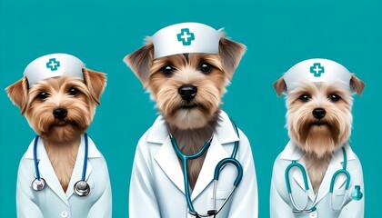 Wall Mural - Adorable dog in a doctors coat with stethoscope, gazing intently at the camera with a serious expression