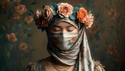 Mysterious vintage portrait of a person with closed eyes, featuring an ornate headscarf and a delicate floral crown