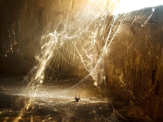 Wall Mural - Intricate Spider Web Trapping Insects in Corner of Room with Dramatic Lighting