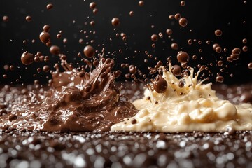 Splash of chocolate and milk on a dark background close-up. Close up of a chocolate and white cream background, shallow depth of field