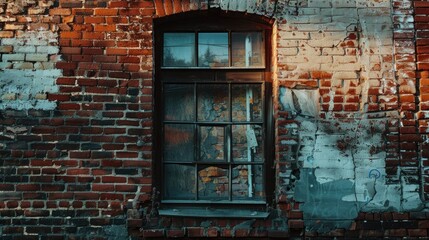 Close-up view of a weathered window on an old brick building.