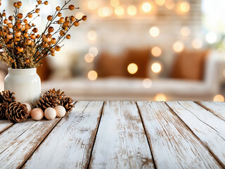 Poster - Empty rustic wooden table decorated with autumn theme ornaments