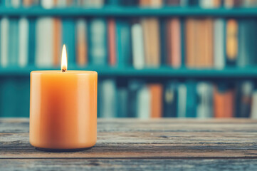 Poster - Single candle burning on a rustic table in the library
