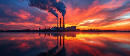 Poster - Industrial power plant with tall smokestacks releasing smoke at sunset, reflecting in water.