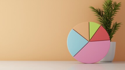 Wall Mural - A colorful pie chart sits on a table beside a green plant, against a warm orange background, symbolizing data analysis and creative design.